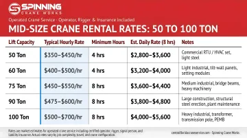 Mid-sized crane hourly rental rate comparison table 50 to 100 tons