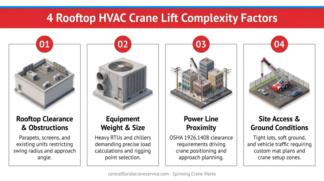 Four rooftop HVAC crane lift complexity factors illustrated as challenge icons