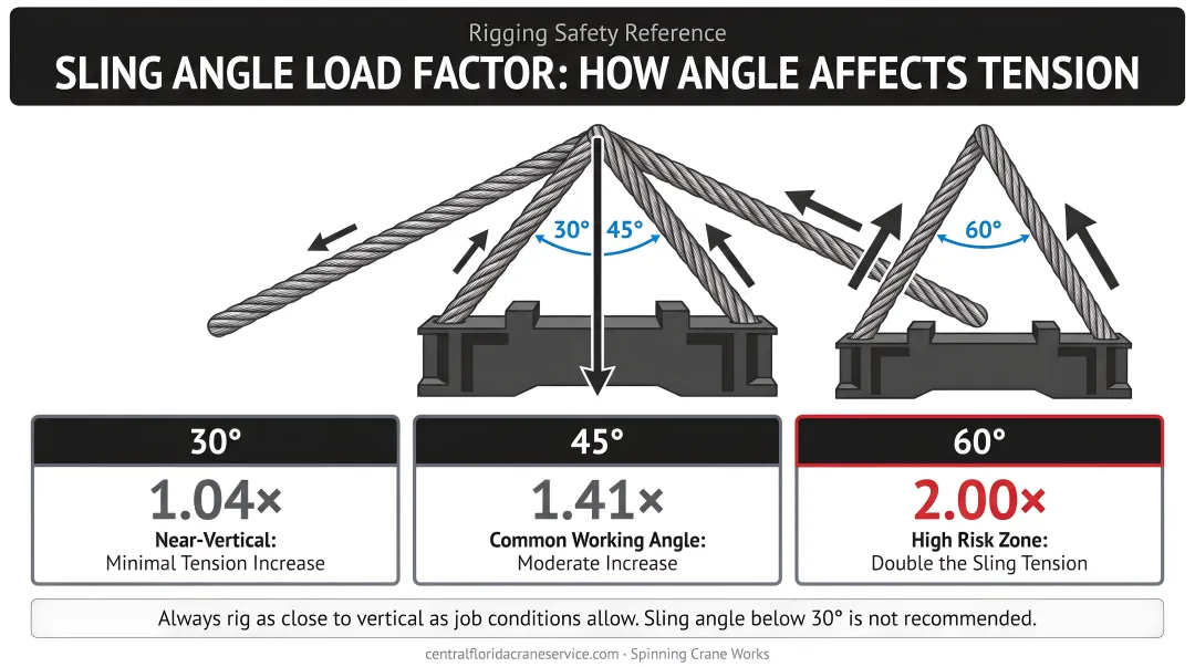 Sling angle load factor diagram showing tension increase at 30 45 60 degrees
