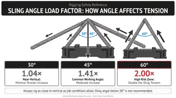 Sling angle load factor diagram showing tension increase at 30 45 60 degrees
