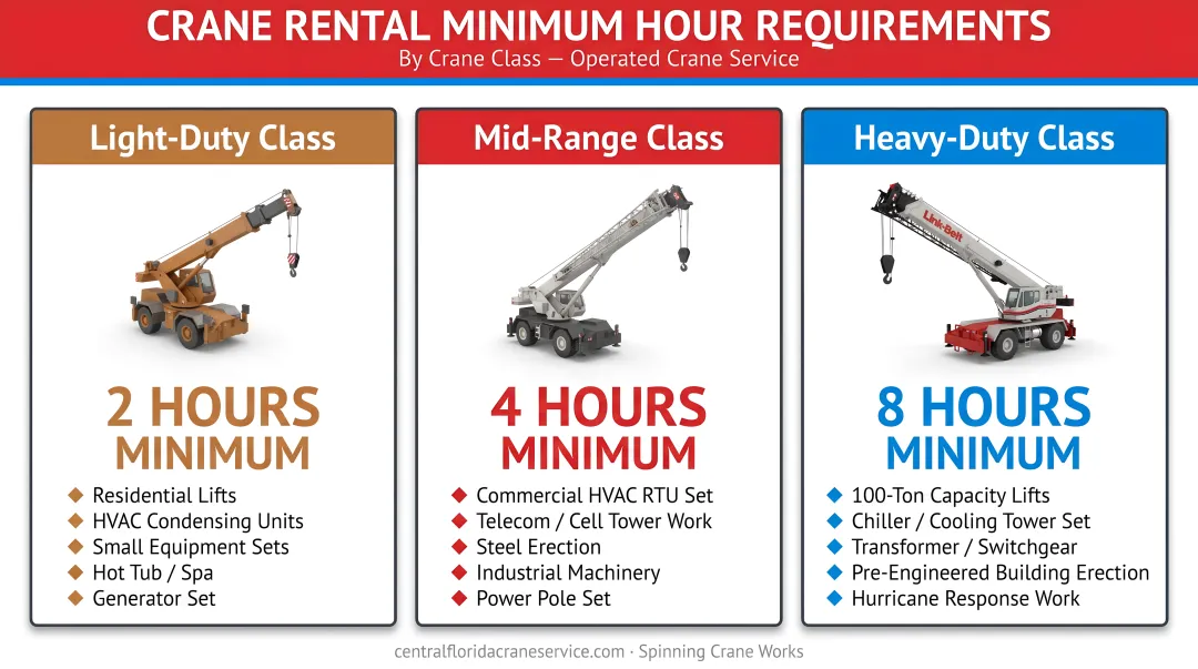 Crane rental minimum hour requirements three-tier breakdown by crane class