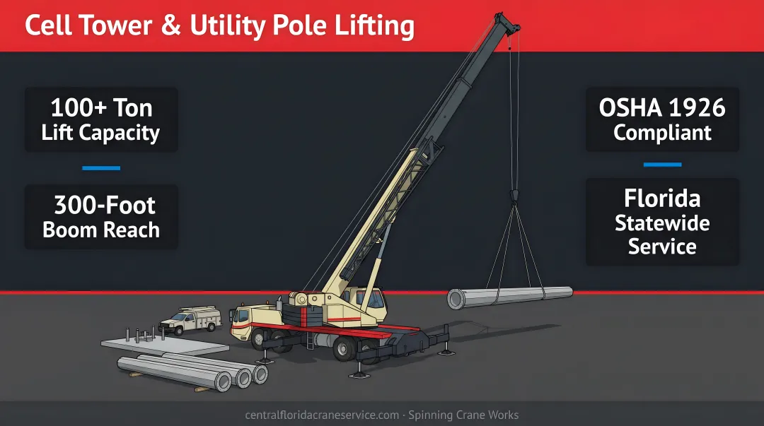 Mobile crane at full boom extension on utility telecom construction site