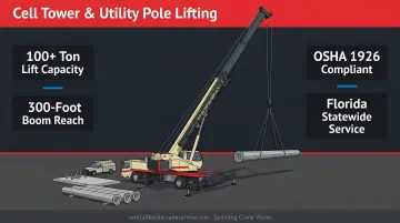 Mobile crane at full boom extension on utility telecom construction site