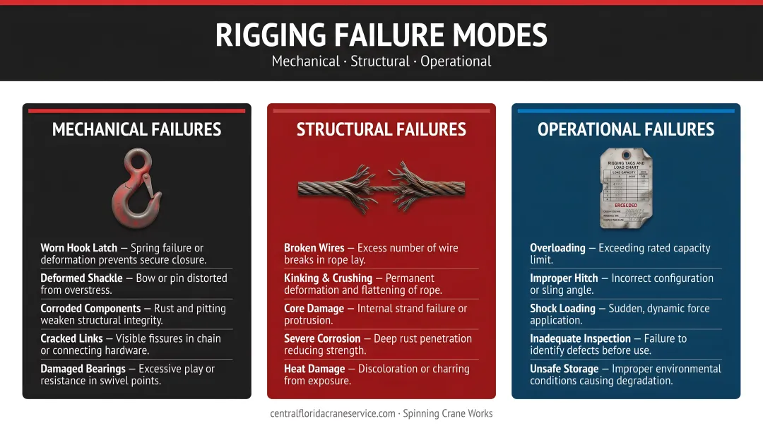 Three rigging failure mode categories mechanical structural and operational breakdown