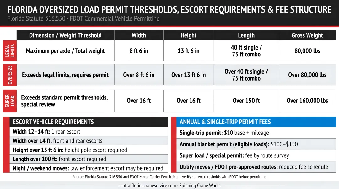 Florida oversized load permit thresholds escort requirements and fee structure chart