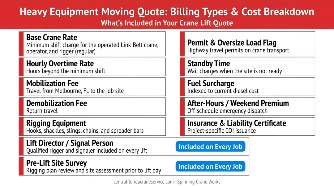 Heavy equipment moving quote line items billing types and cost breakdown checklist