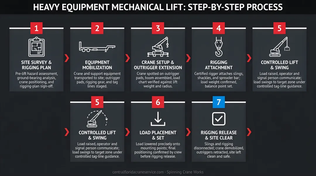 7-stage heavy equipment mechanical lift sequence process flow diagram