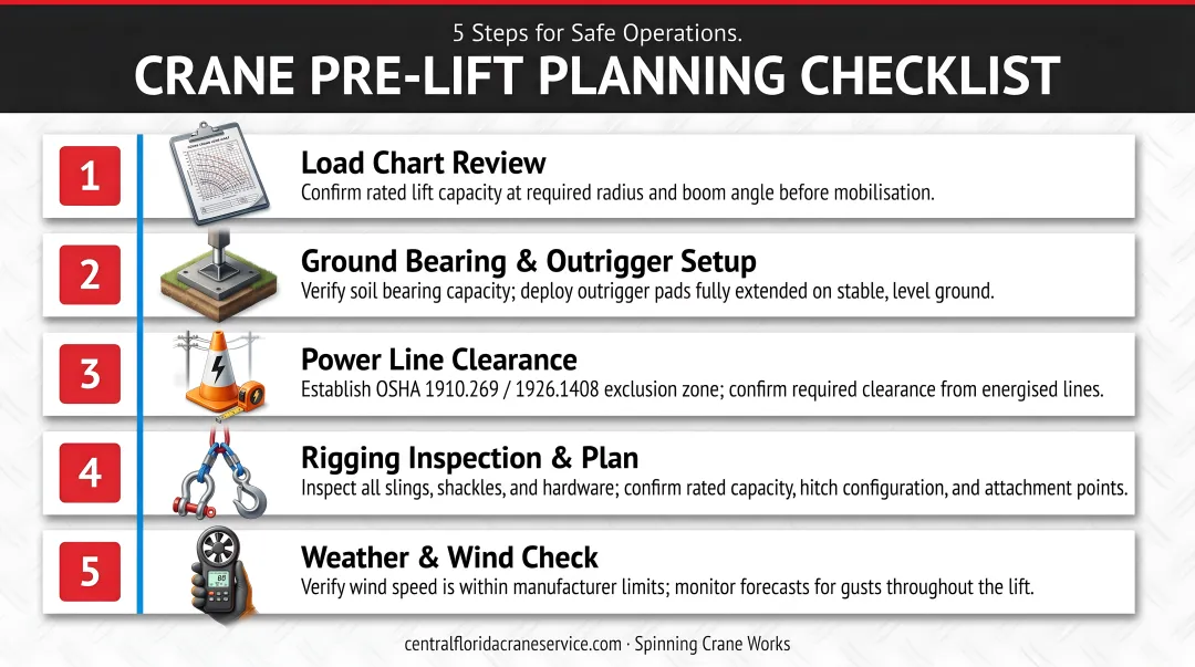 5-element crane pre-lift planning checklist infographic for safe operations