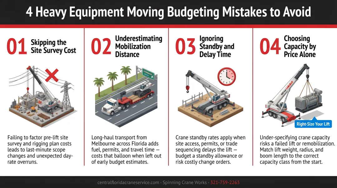Four most common heavy equipment moving budgeting mistakes to avoid infographic