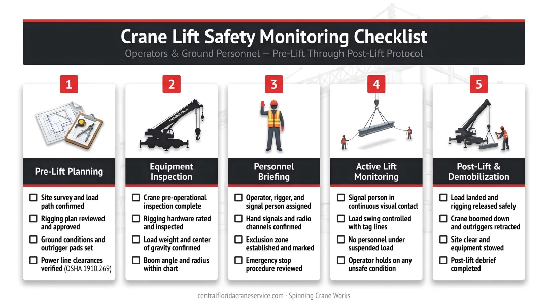 Crane lift safety monitoring checklist process flow for operators and ground personnel