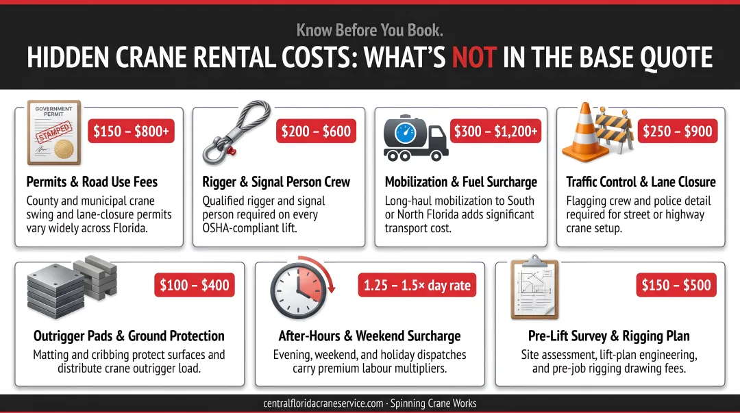 Hidden crane rental add-on costs breakdown including permits rigging crew and surcharges
