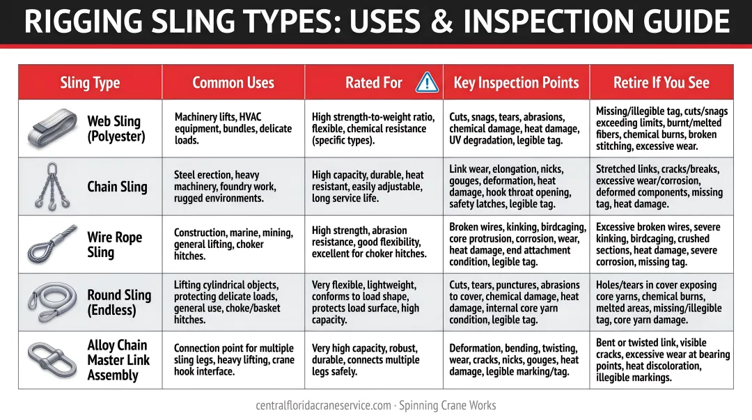 Rigging hardware comparison table showing 5 sling types uses and key inspection considerations