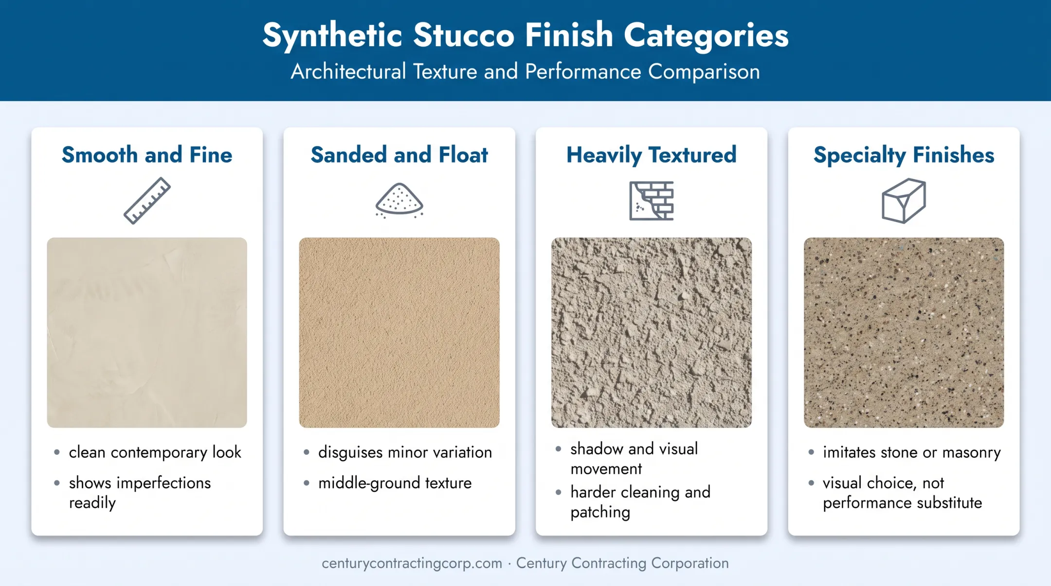 Four synthetic stucco finish categories and performance tradeoffs