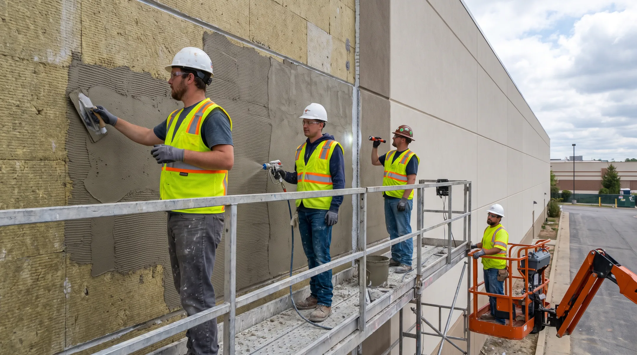 Certified EIFS installation crew applying exterior wall system on commercial building