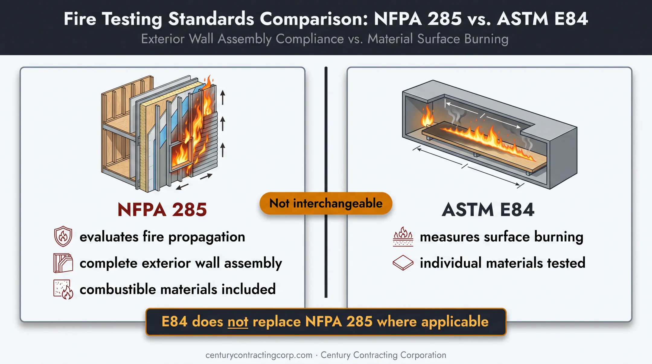 NFPA 285 versus ASTM E84 exterior wall fire testing comparison