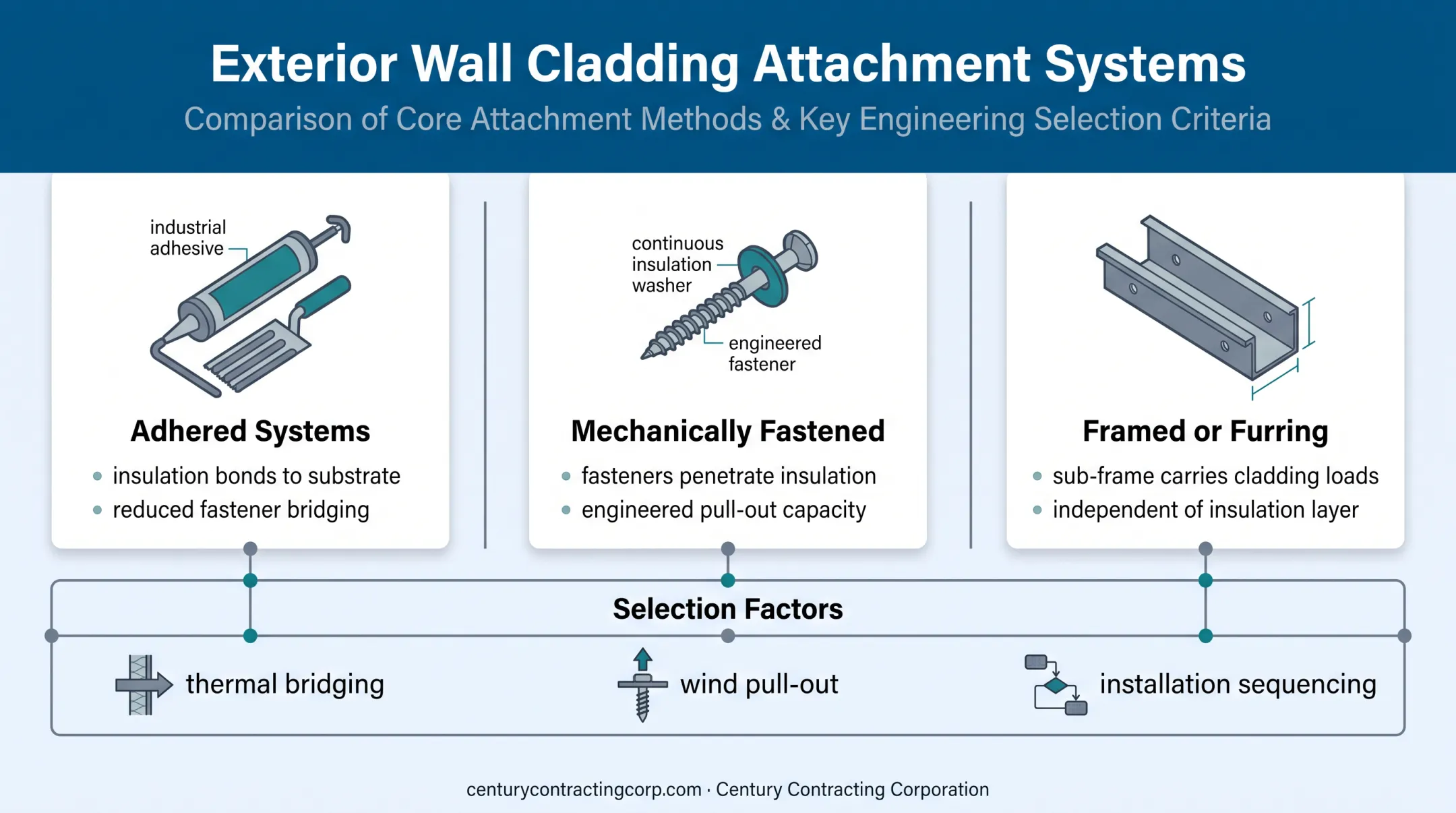 Three commercial insulated wall attachment methods and performance considerations