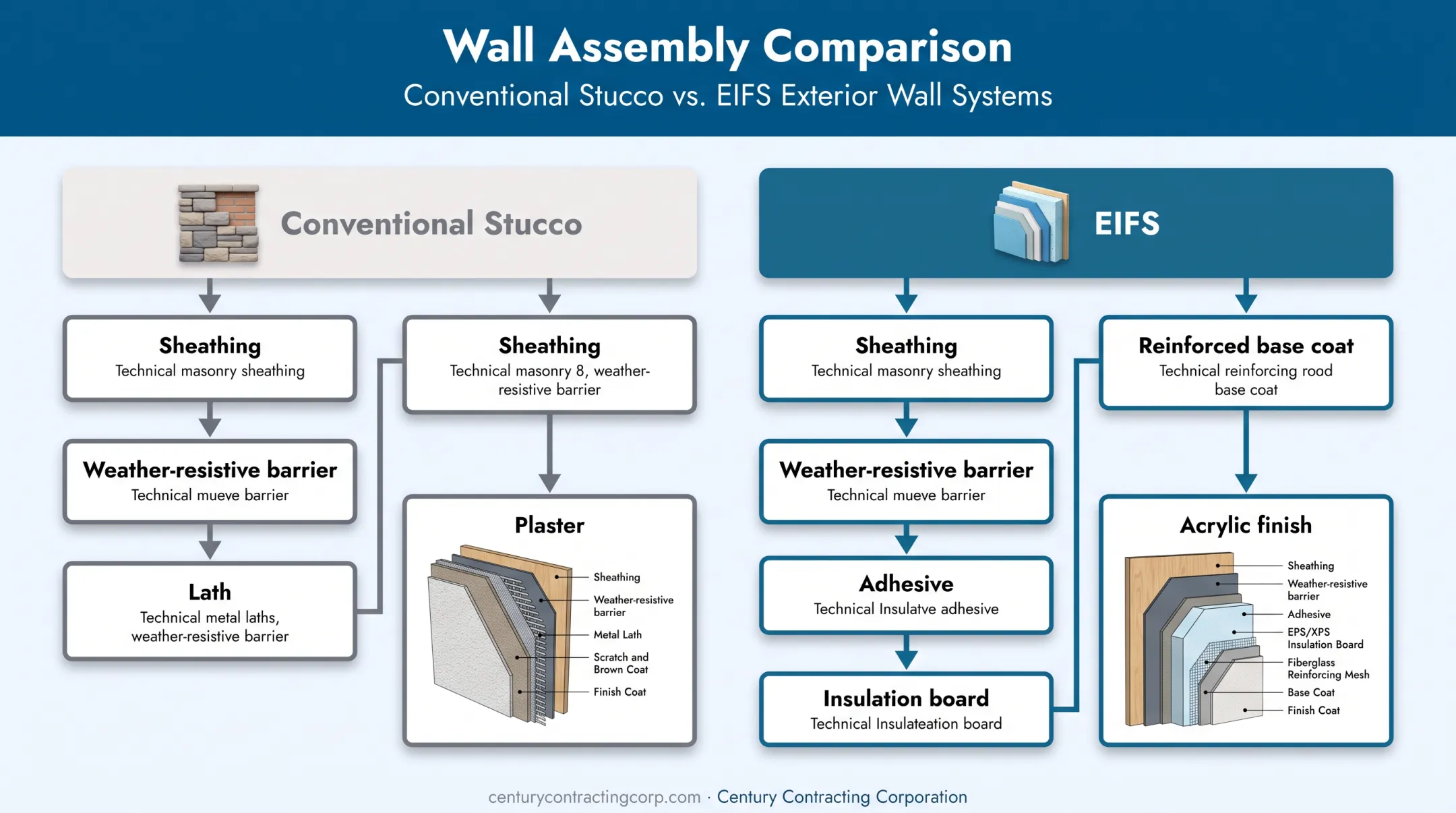 Conventional stucco versus EIFS wall assembly layer comparison