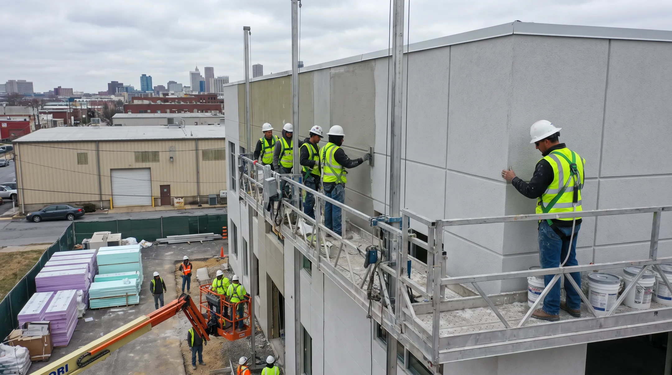Commercial EIFS installation crew working on Mid-Atlantic building project