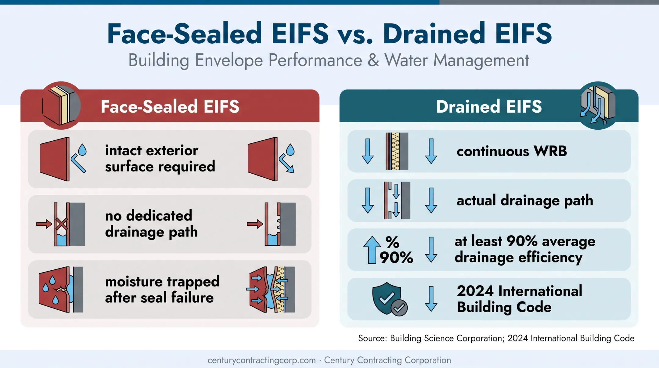 Face-sealed versus drained EIFS moisture management comparison diagram