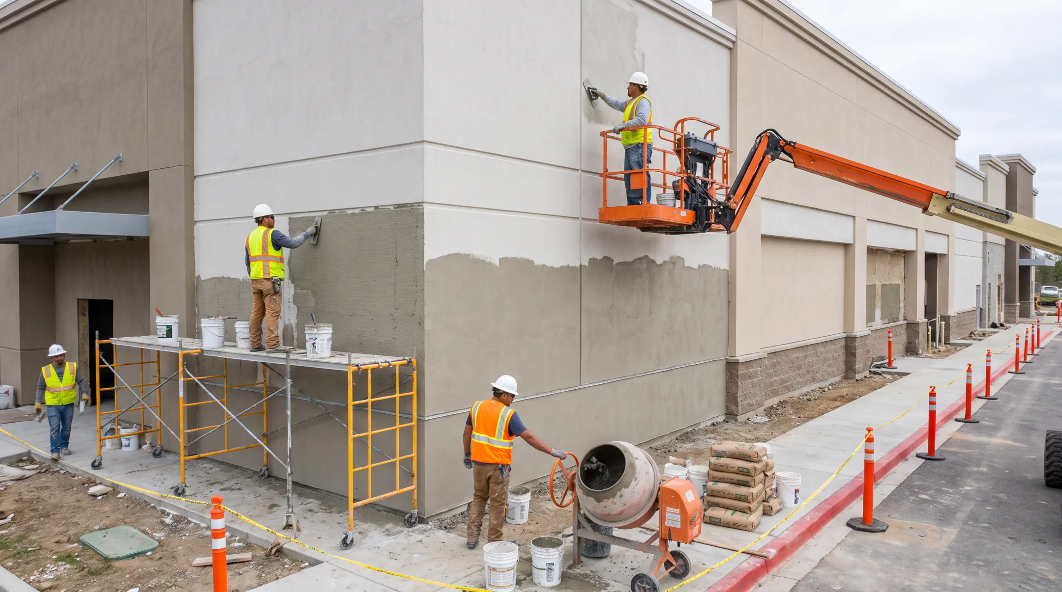 Commercial stucco installation crew applying exterior wall finish