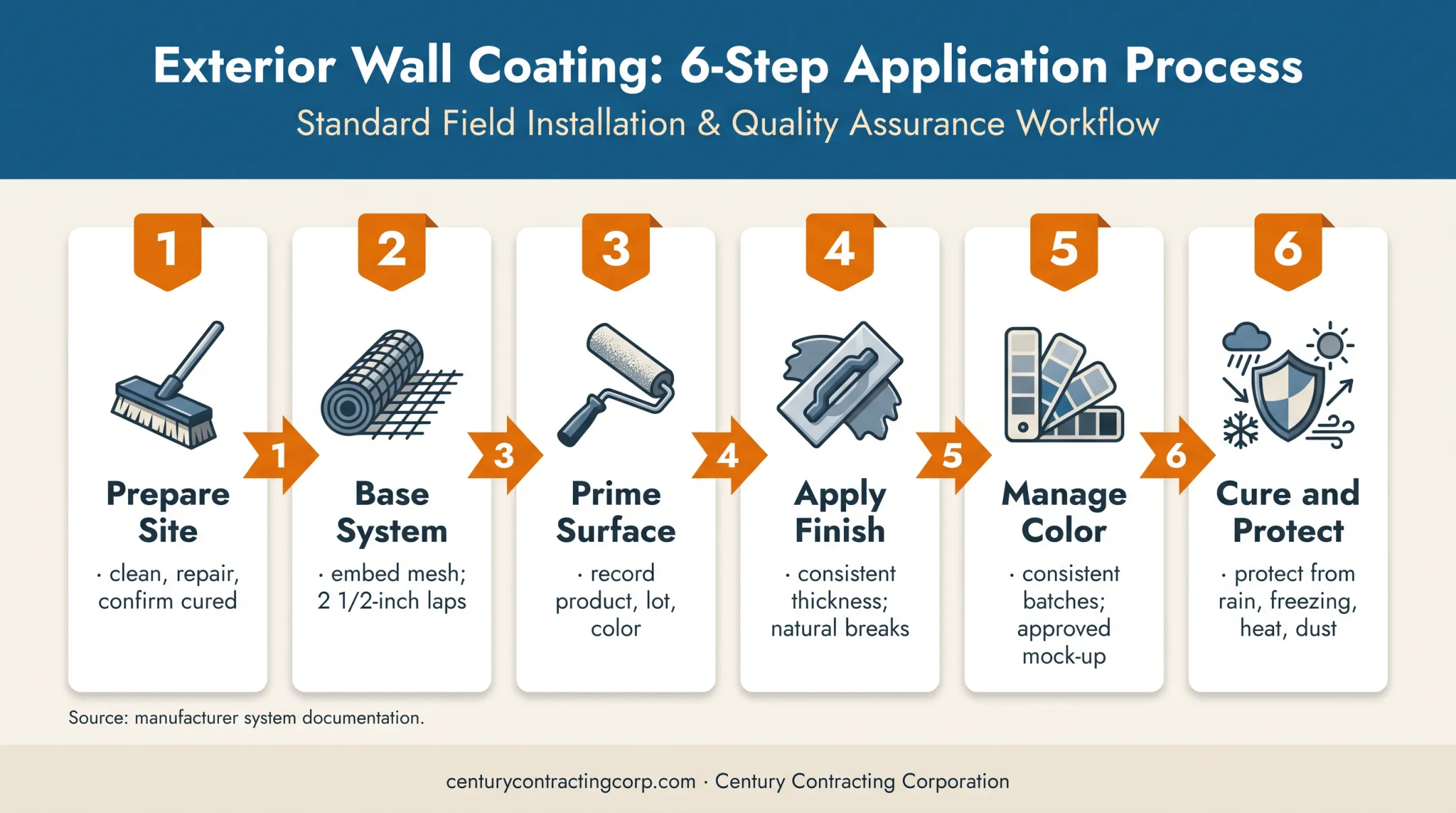 Six-step acrylic stucco installation process from preparation to curing