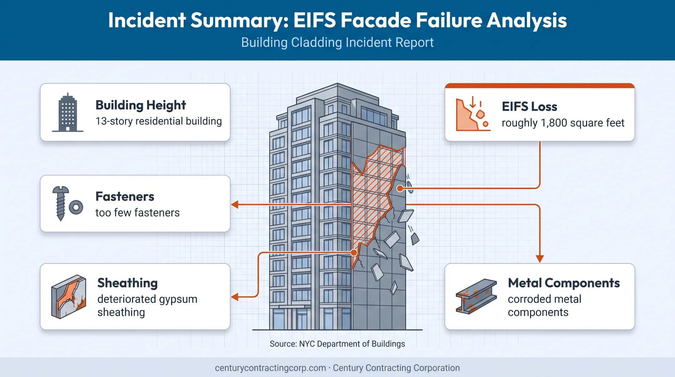EIFS high wind failure case showing building damage and contributing causes