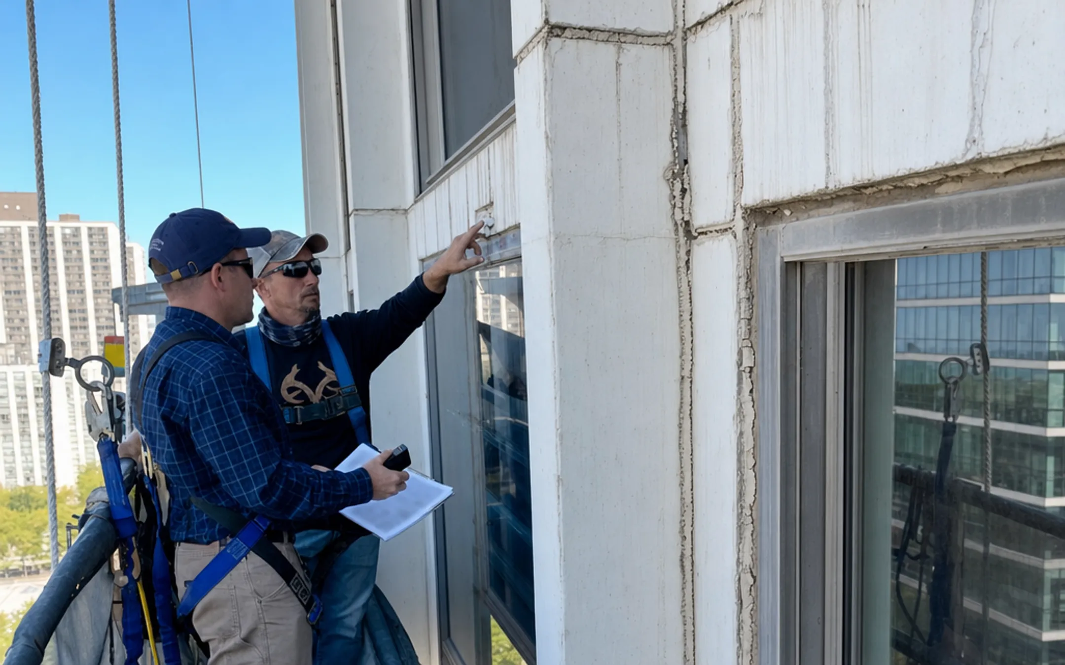 Building facade inspection showing deteriorated commercial sealant joints