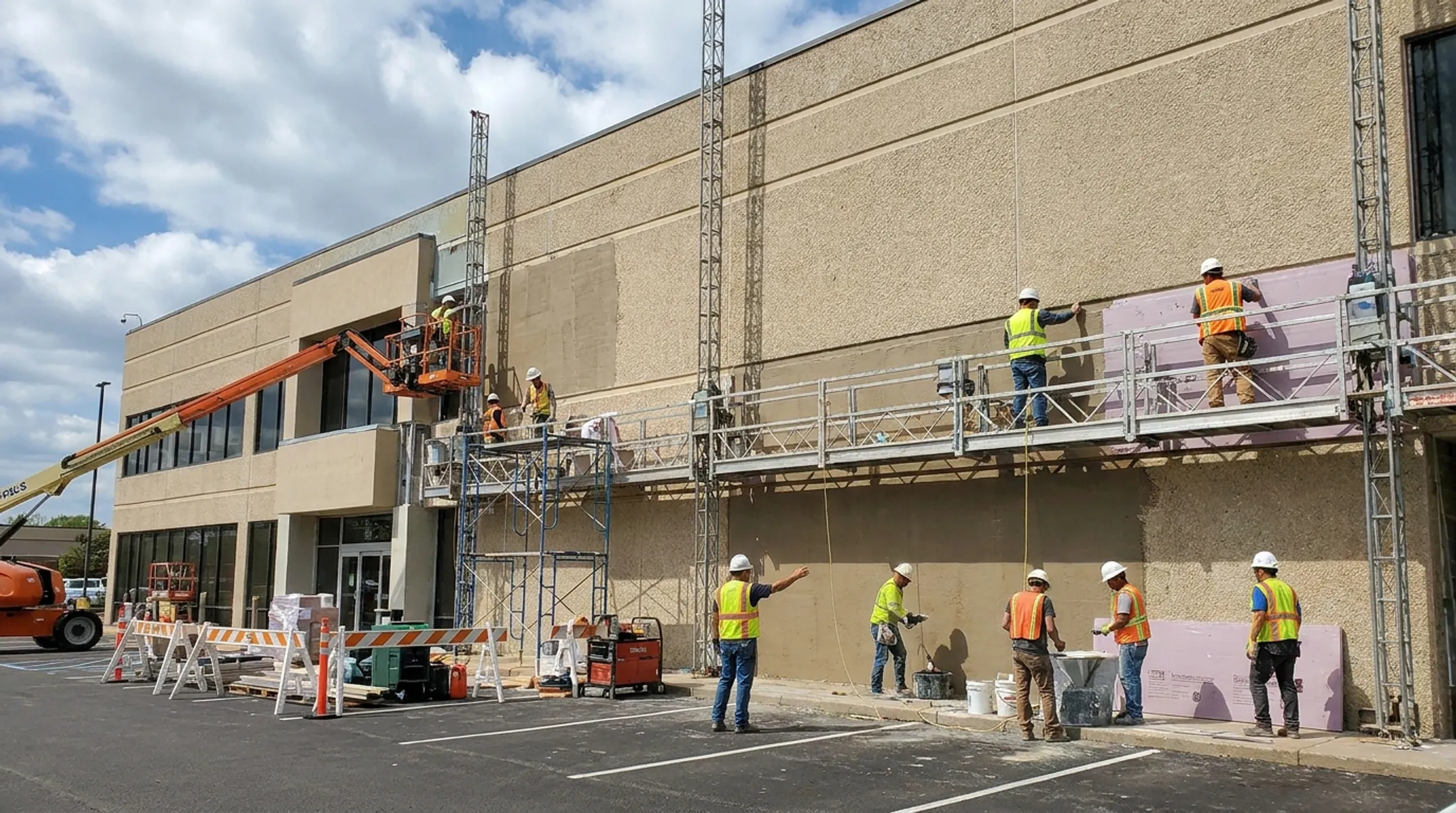 Commercial EIFS repair crew working on an exterior building facade