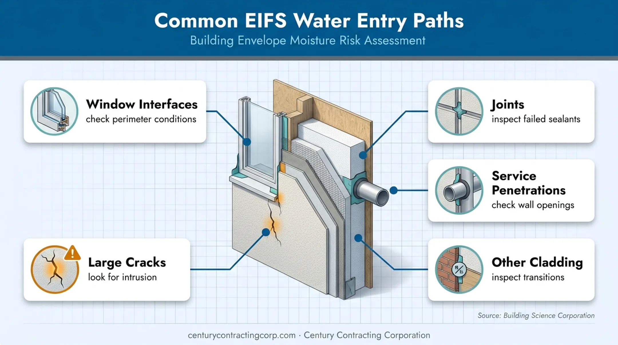 Five common EIFS moisture entry paths and inspection points