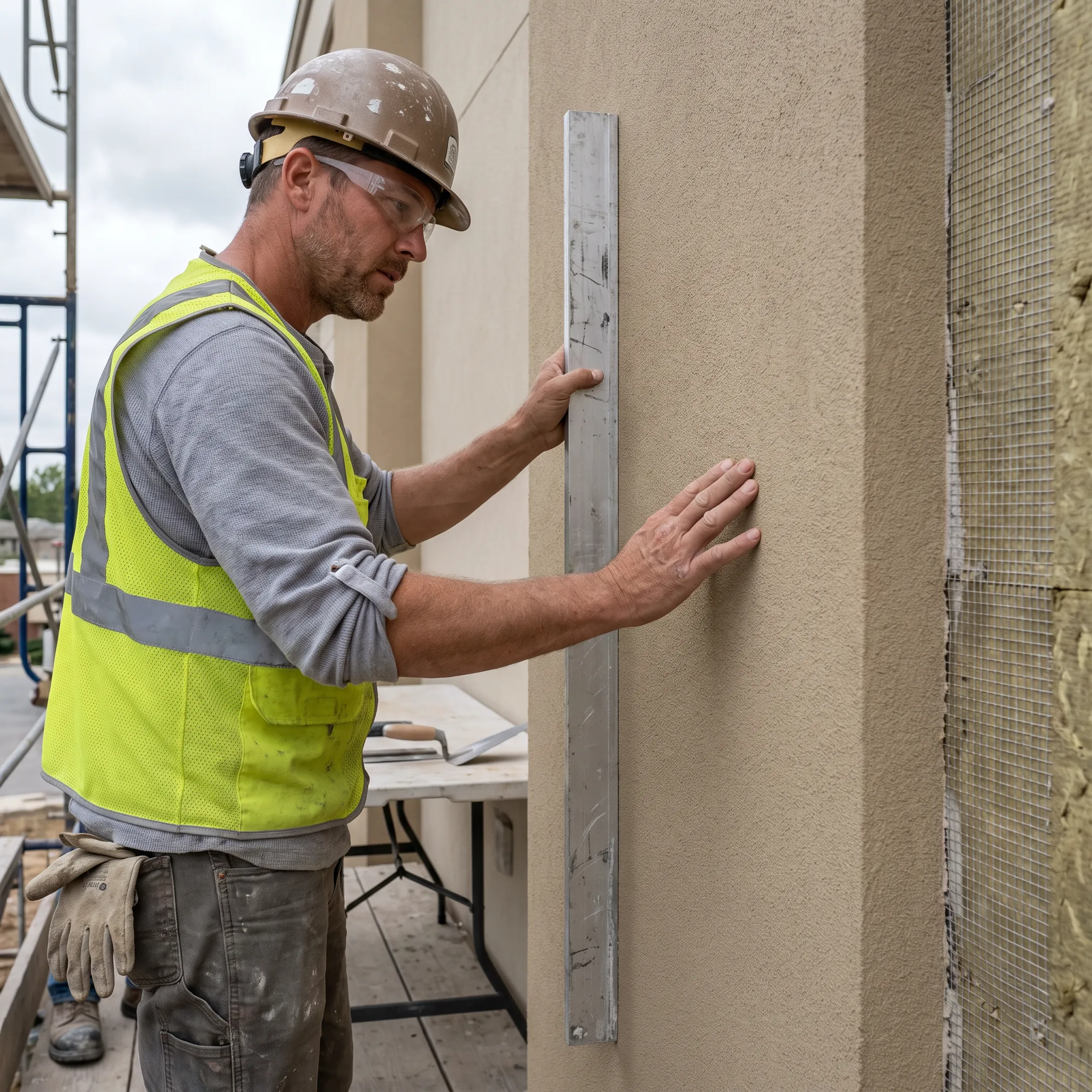 EIFS professional inspecting a finished exterior wall system