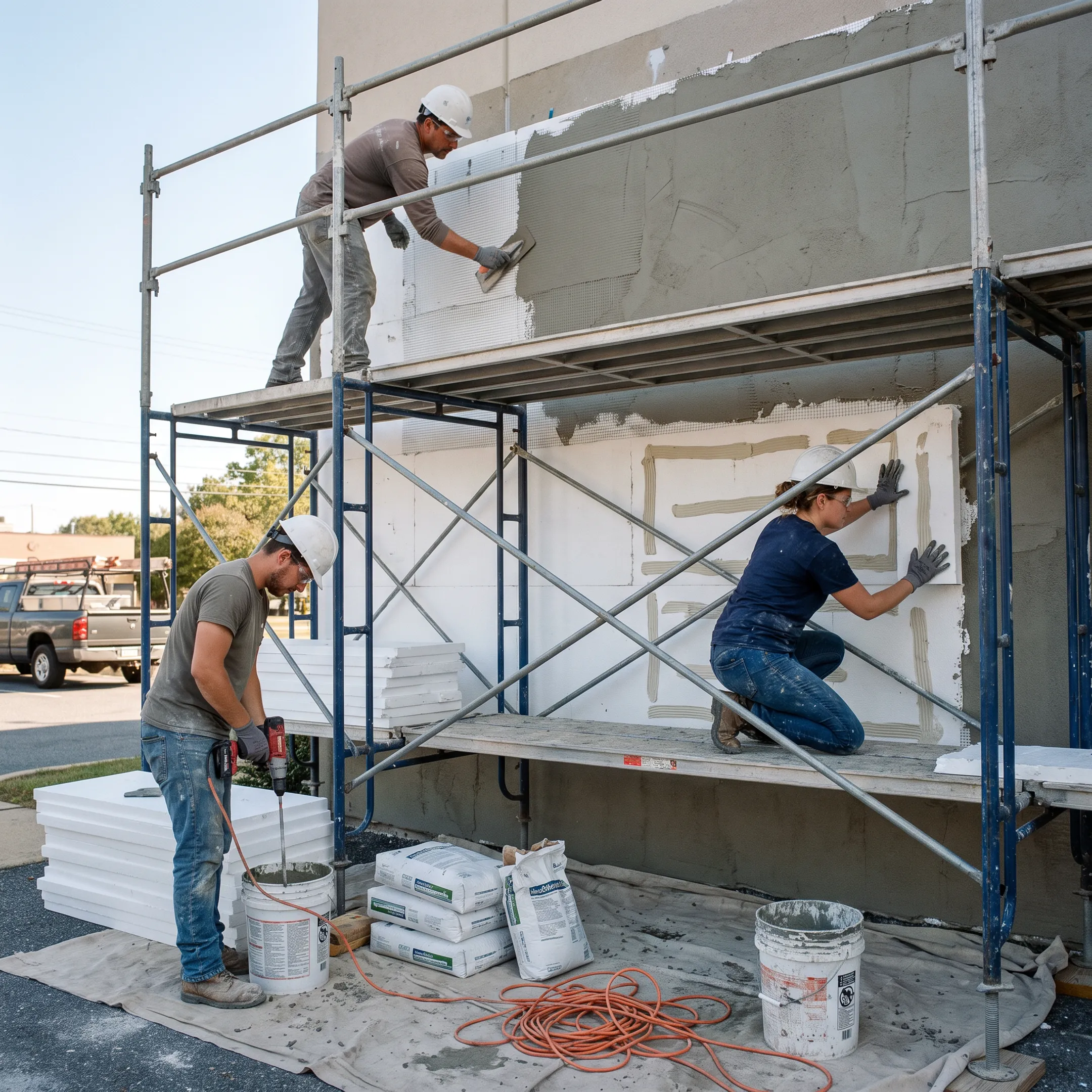 Professionals applying EIFS insulation and finish materials to an exterior wall