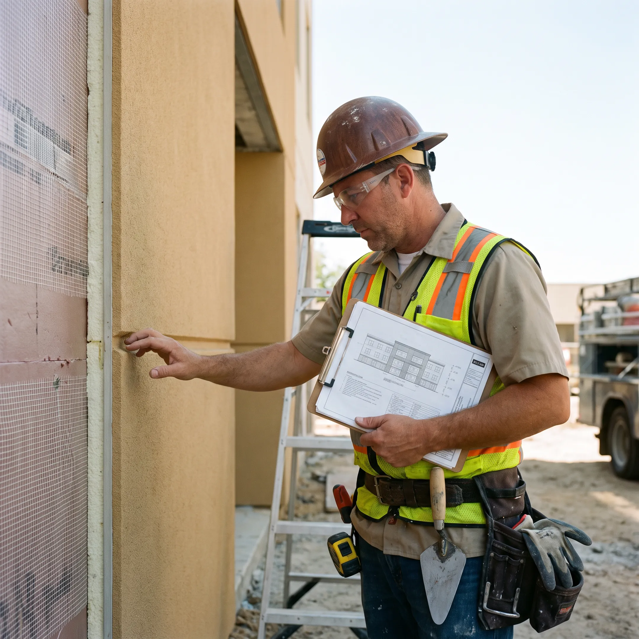 EIFS specialist reviewing exterior wall details on a commercial project