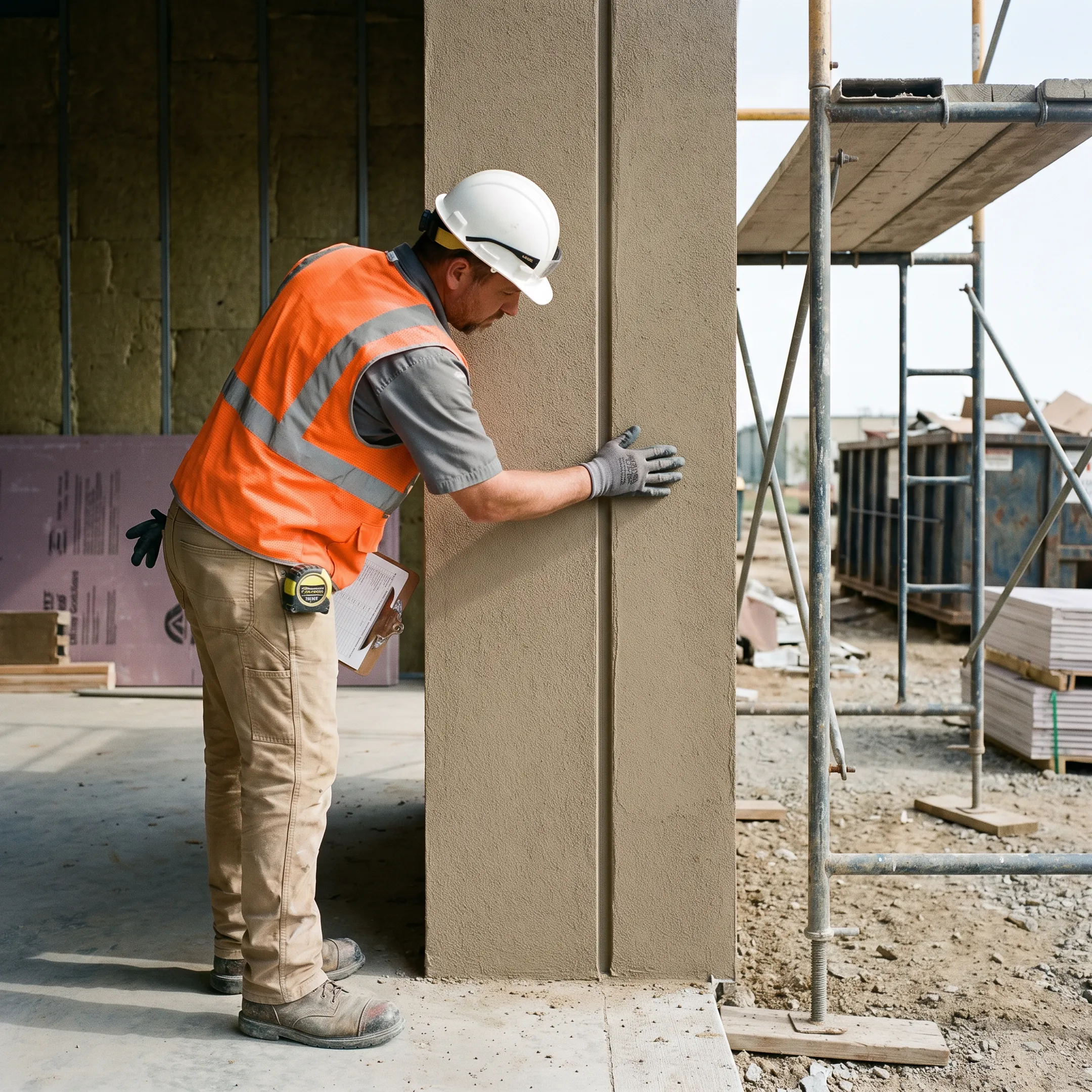 EIFS contractor inspecting a finished insulated building facade