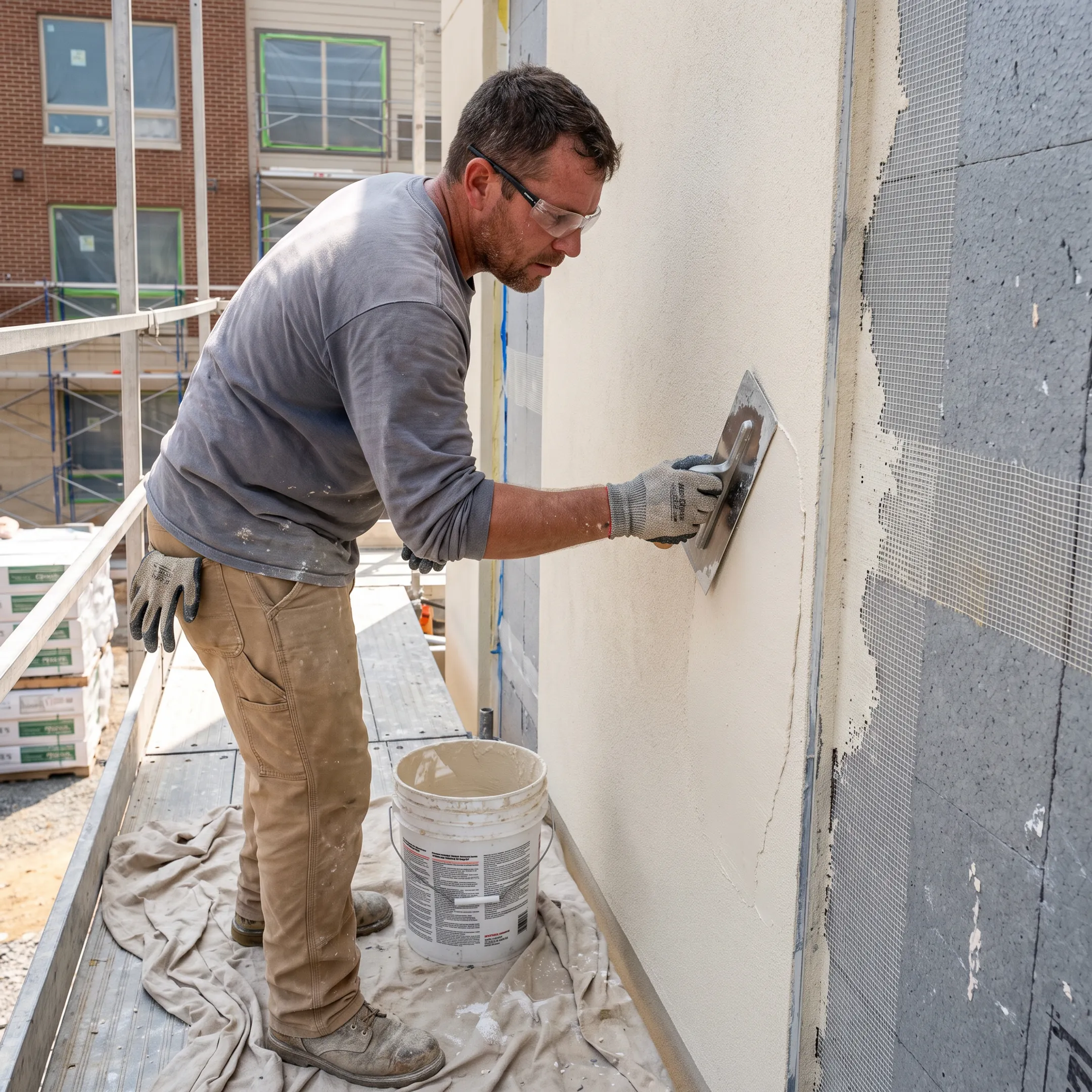 Certified contractor applying EIFS finish to an exterior wall