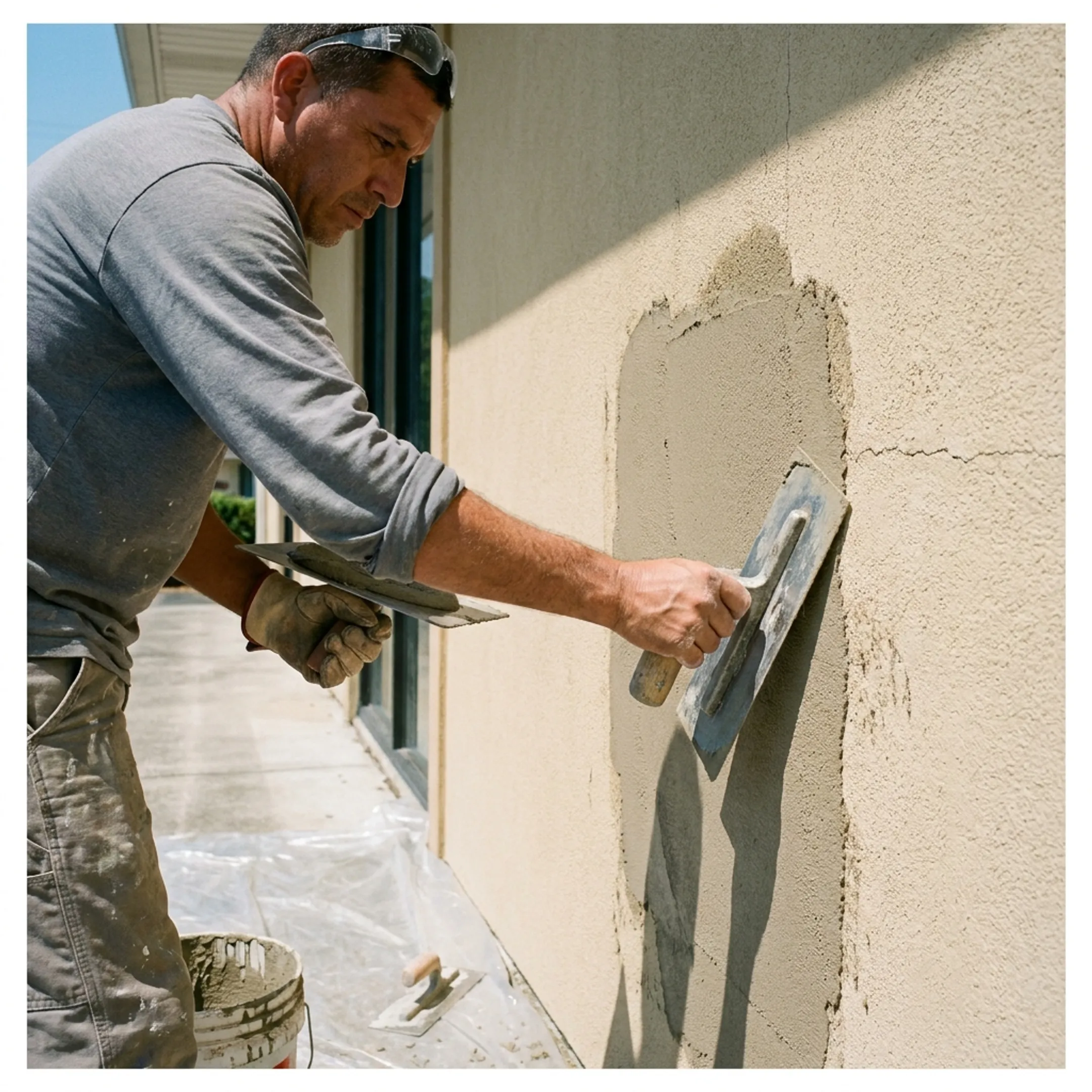 Technician restoring stucco on a commercial building exterior