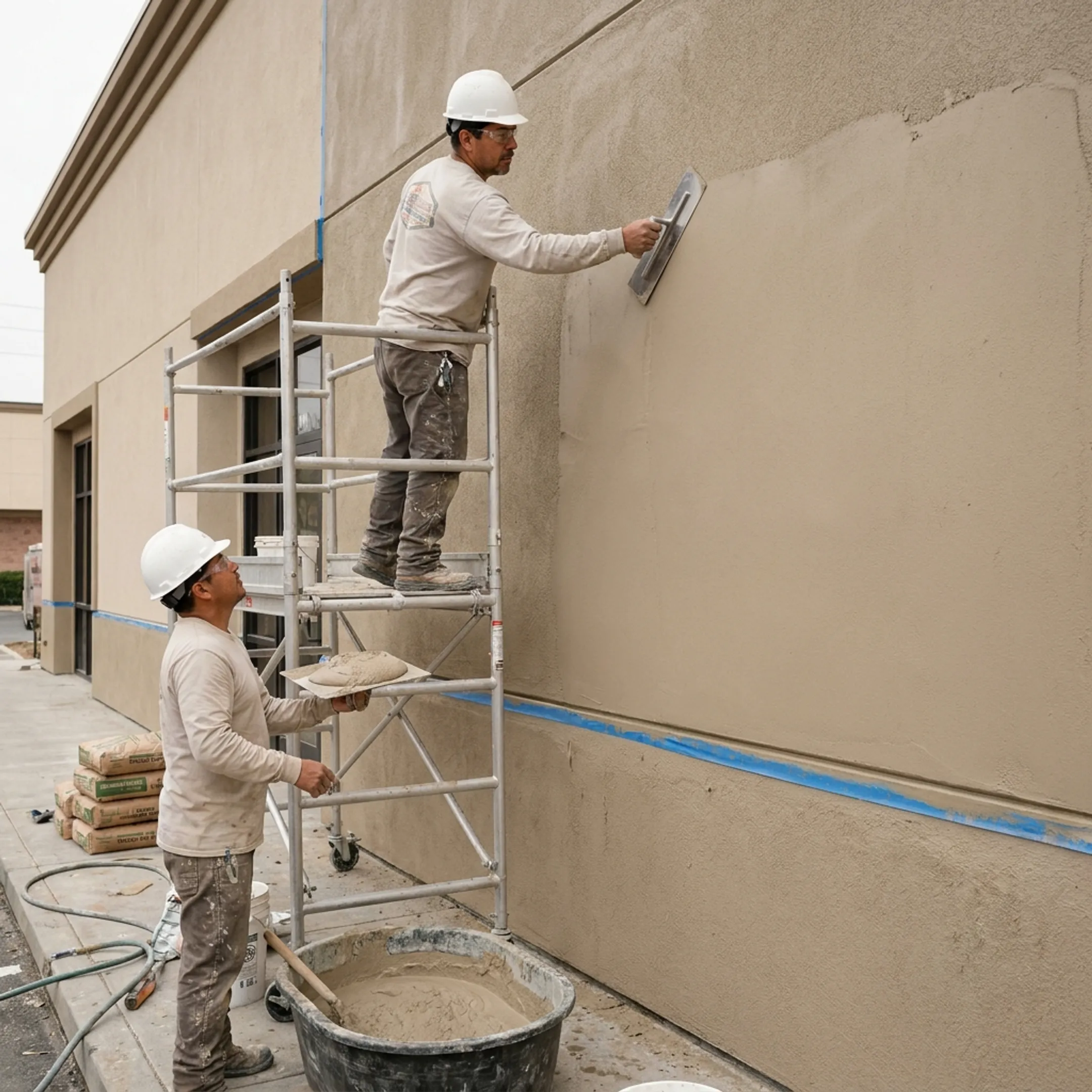 Workers applying stucco finish to a commercial exterior wall