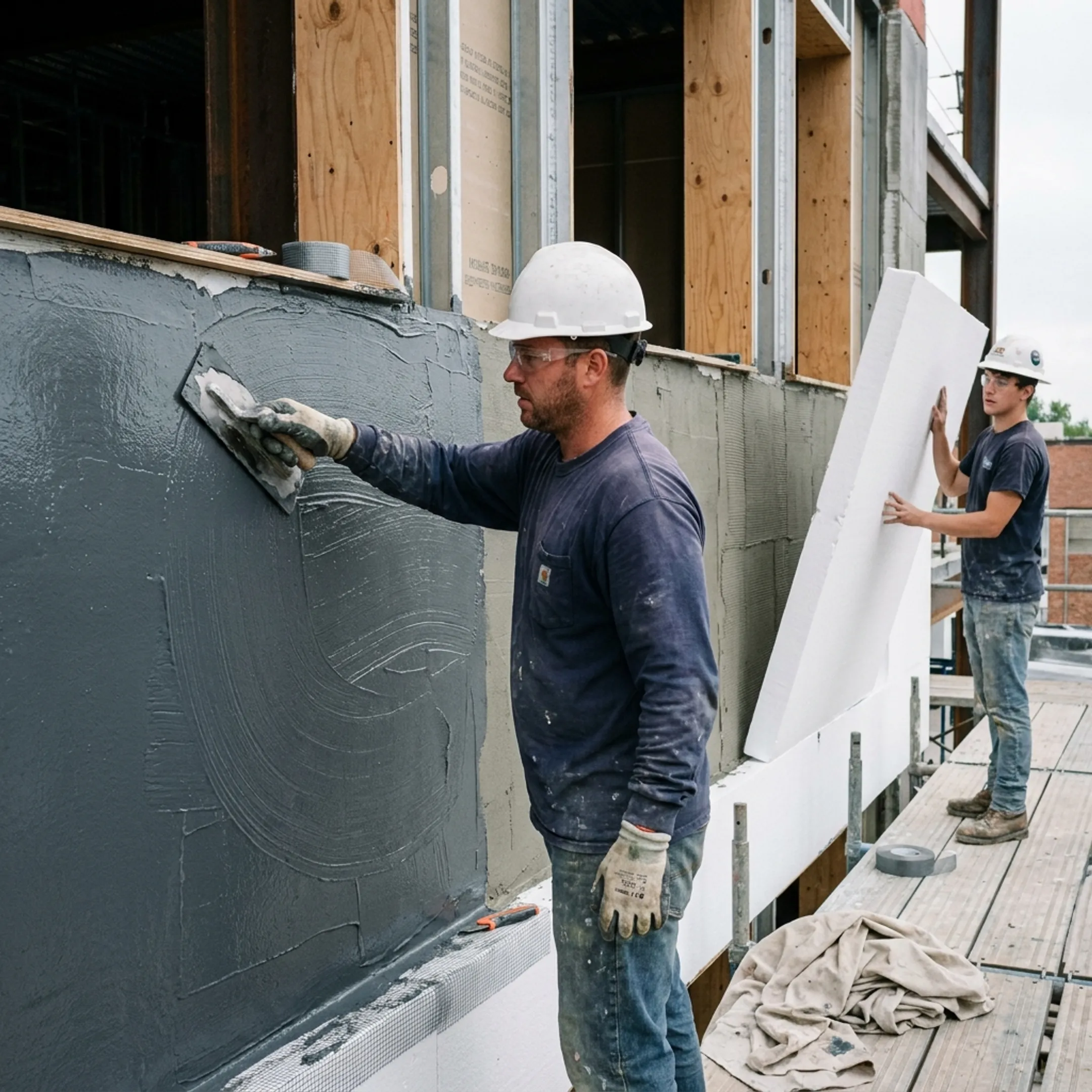 Workers applying EIFS and weather barrier systems to a commercial exterior