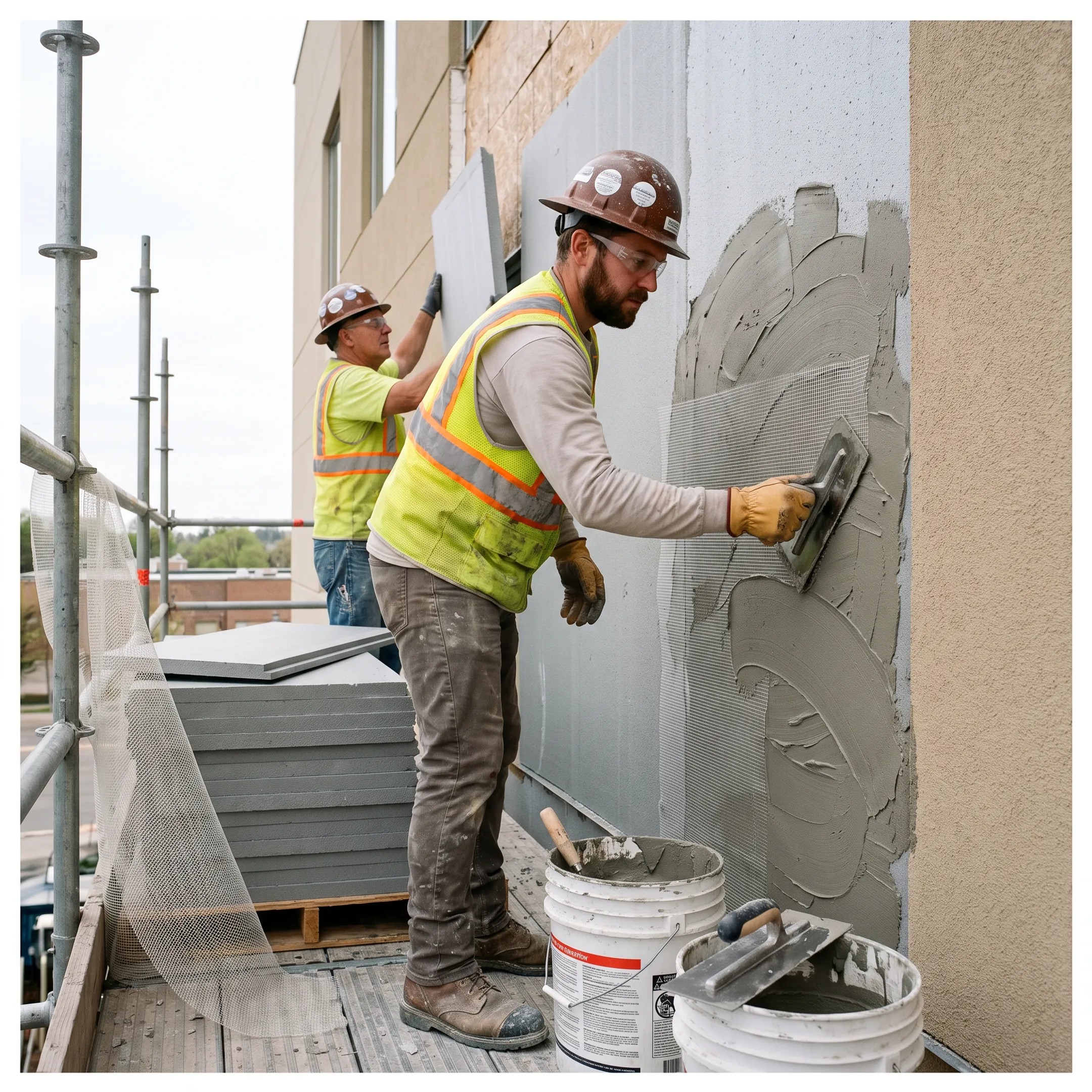 Commercial crew installing EIFS insulation and exterior cladding on a building