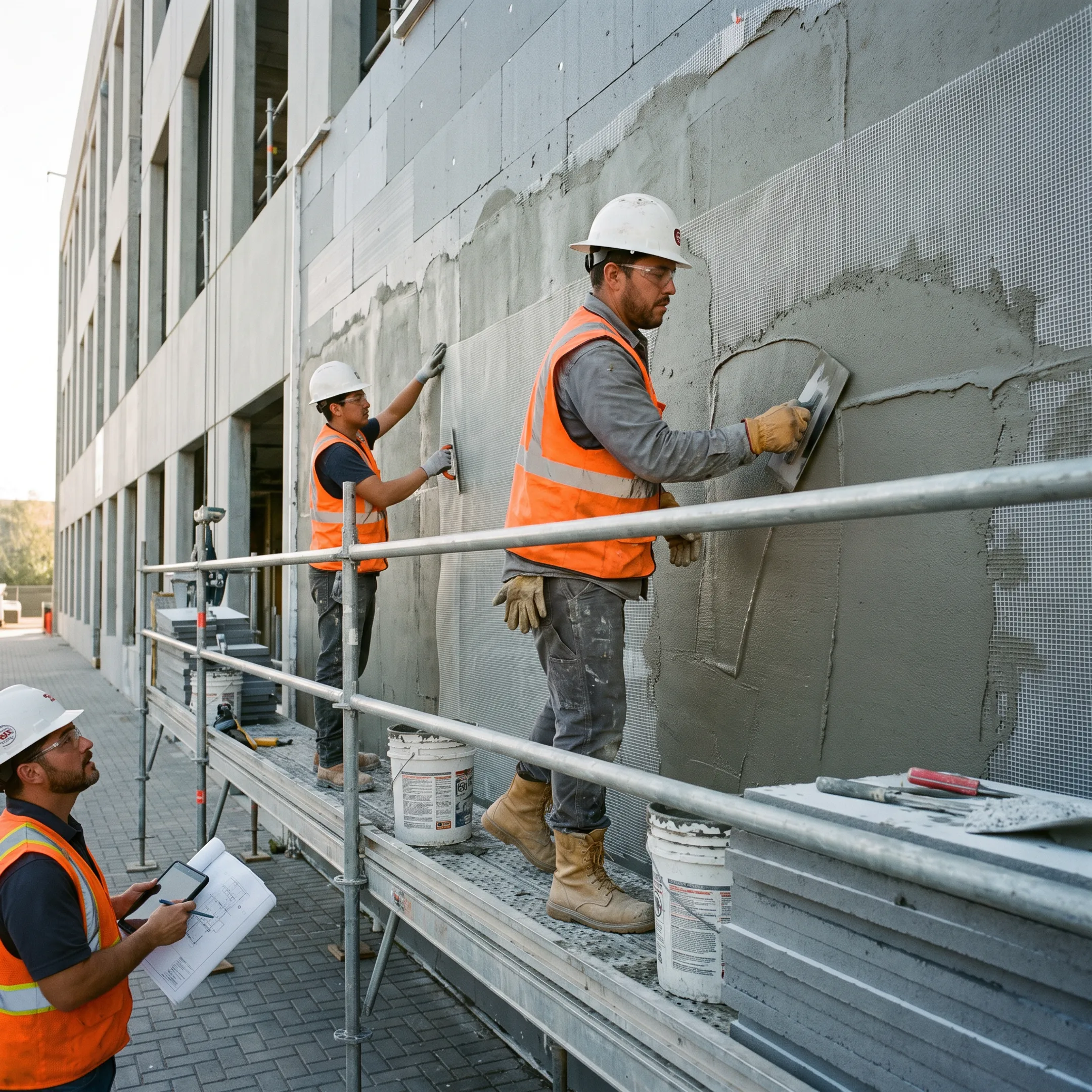 Workers installing stucco and EIFS on a commercial building