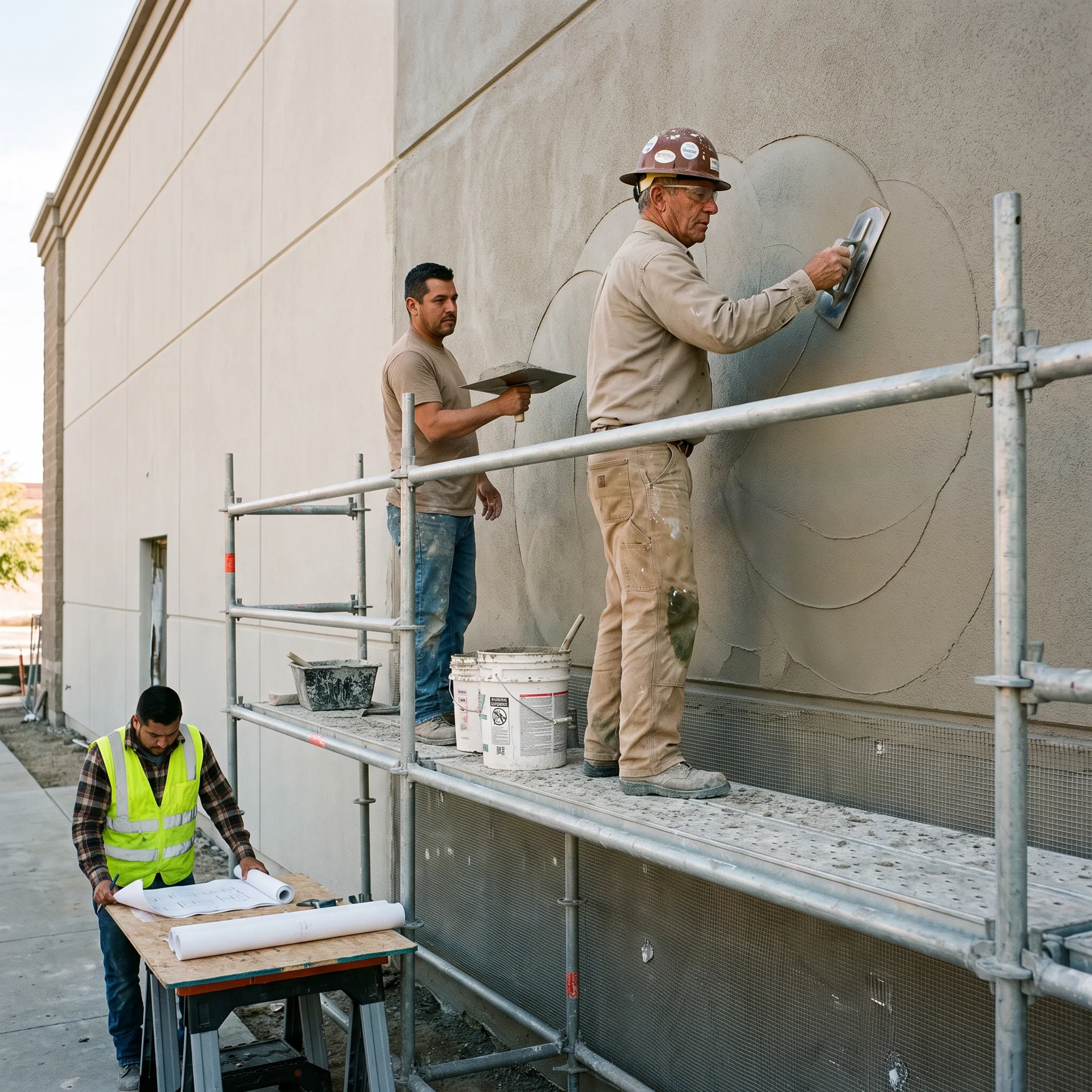 Workers repairing stucco on a commercial building exterior
