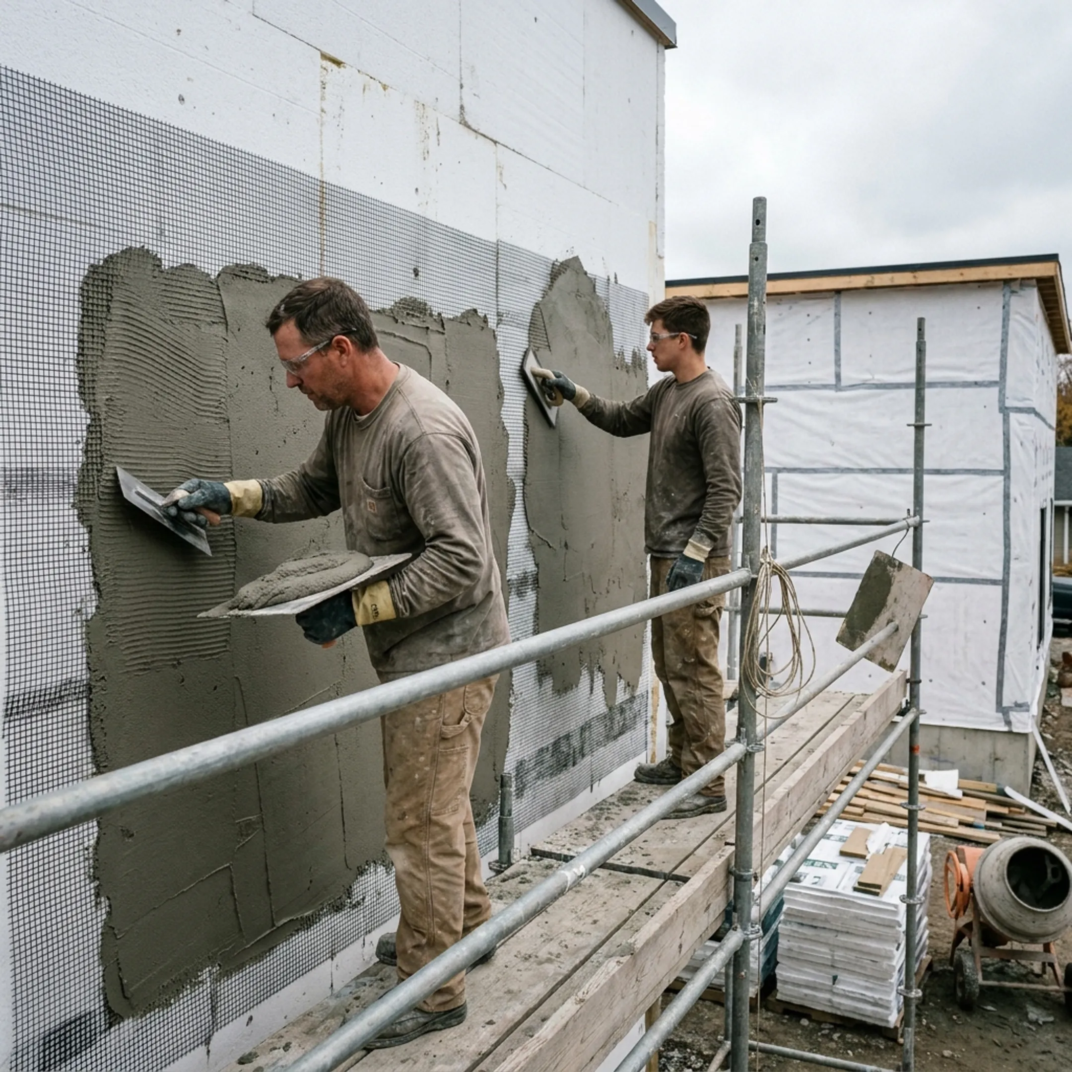 Workers installing commercial stucco exterior finish