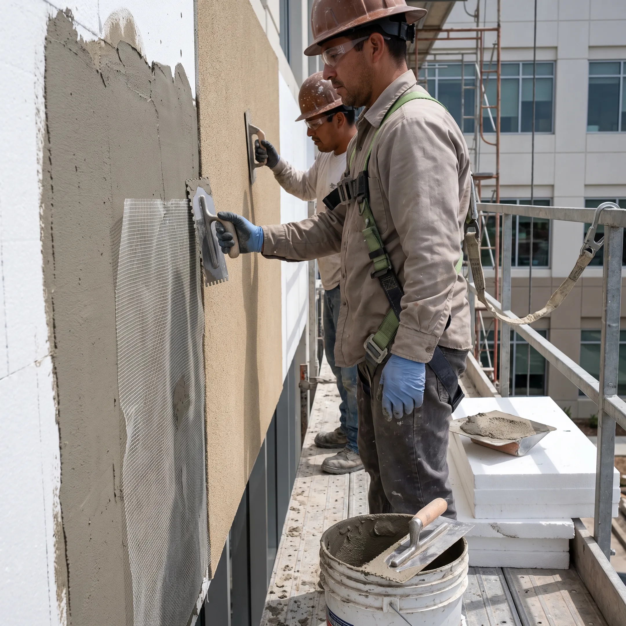 EIFS insulation and stucco finish being installed on a commercial building