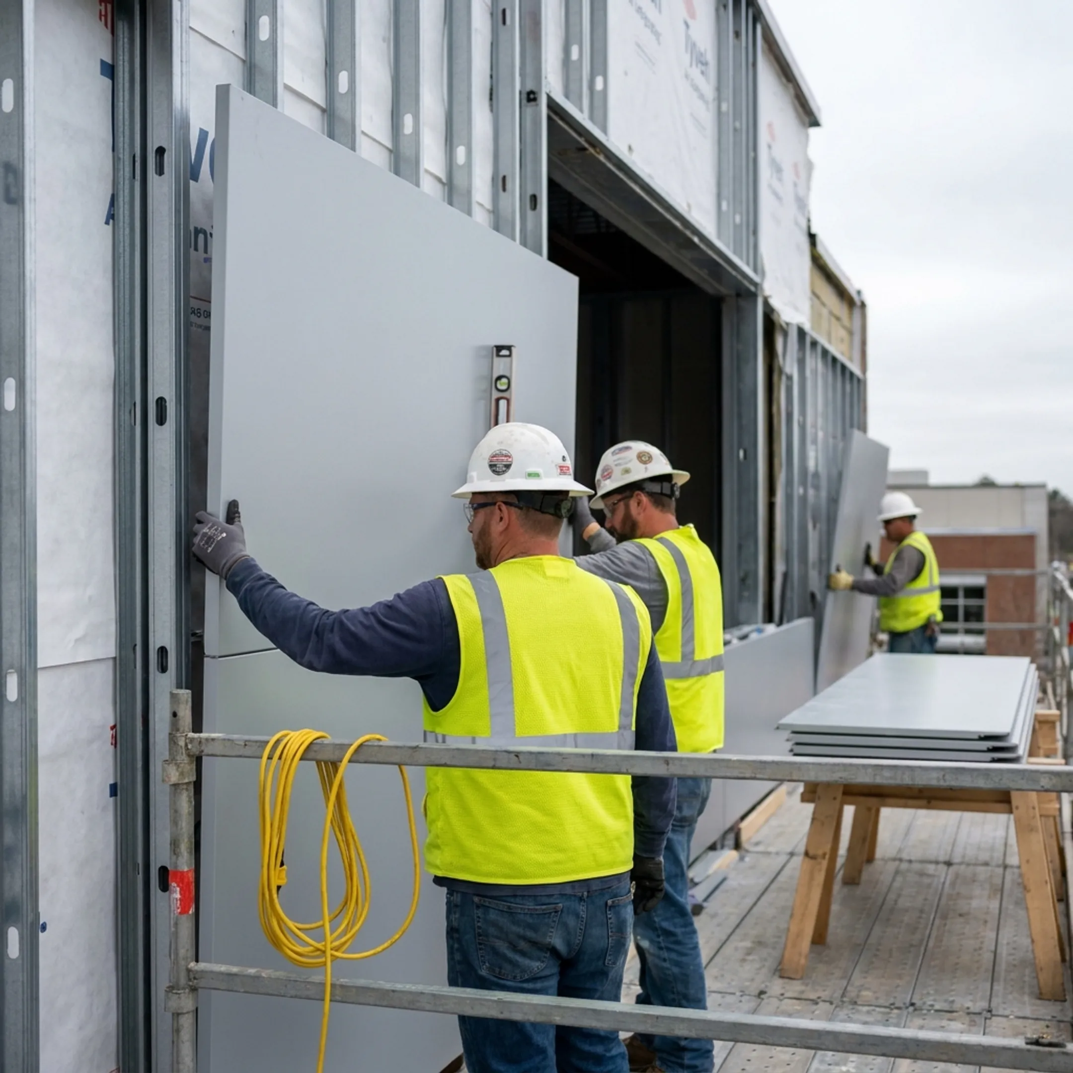 Workers installing modular facade panels on a commercial building