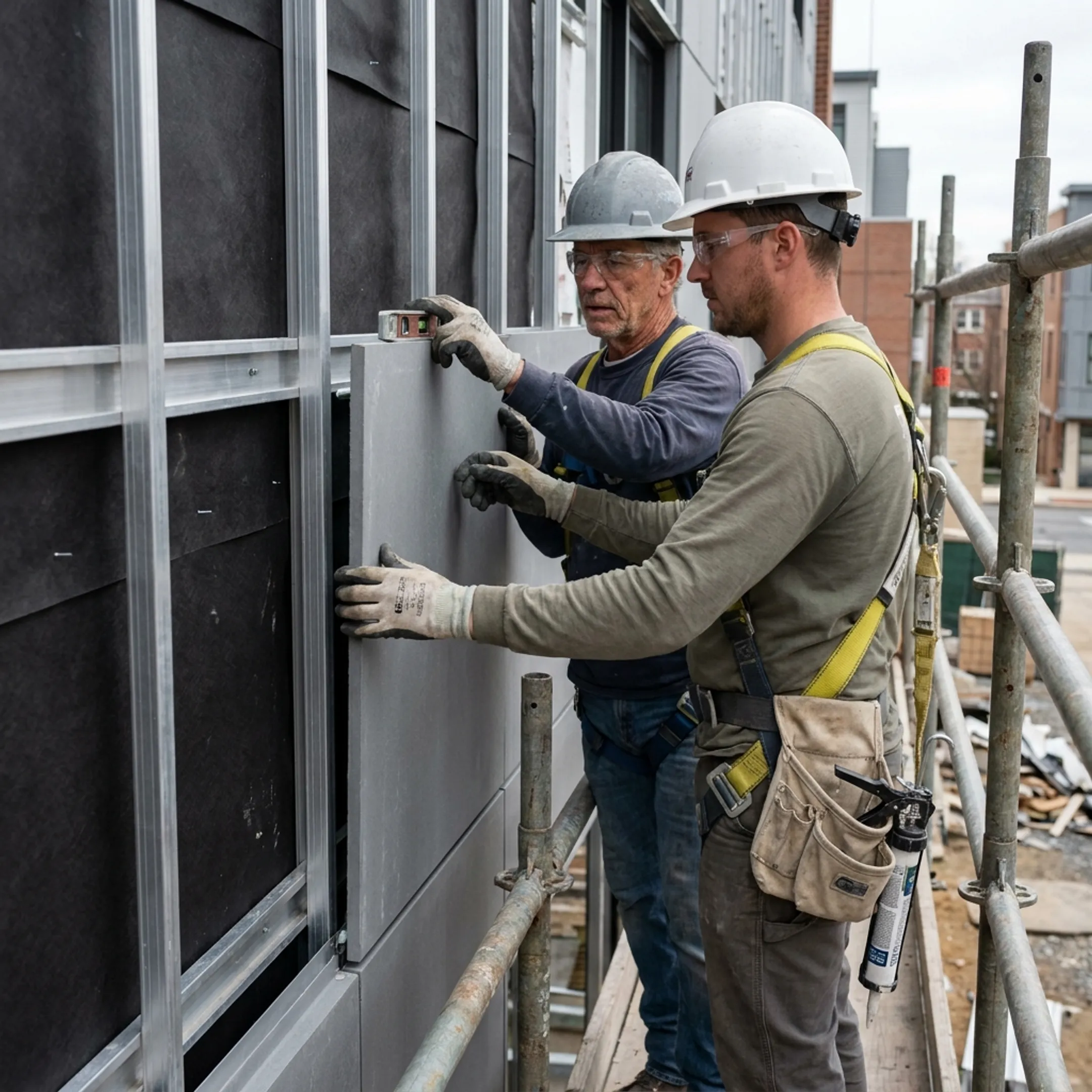 Installers coordinating fiber cement panel placement on a commercial exterior