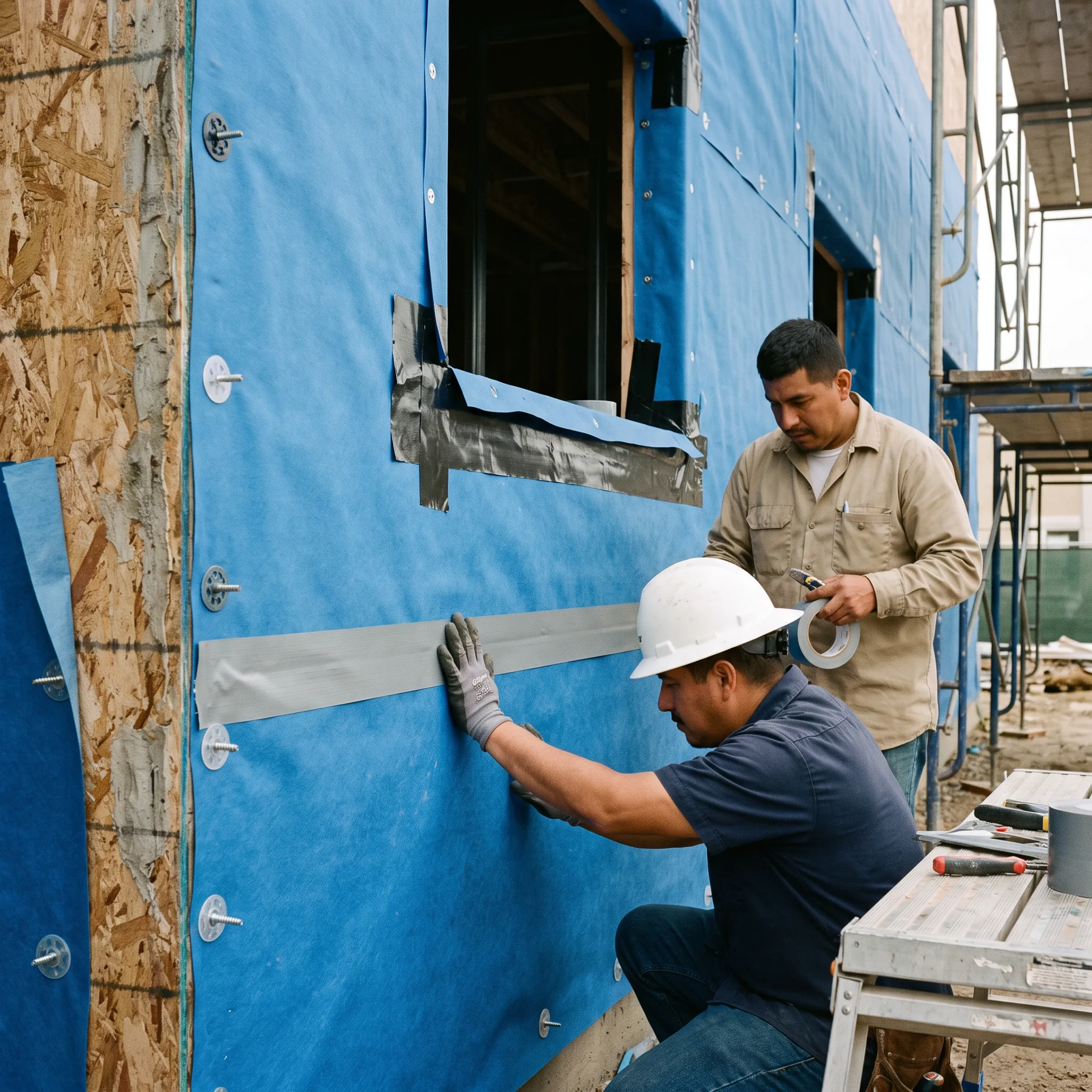 Installed Blueskin membrane covering a commercial exterior wall