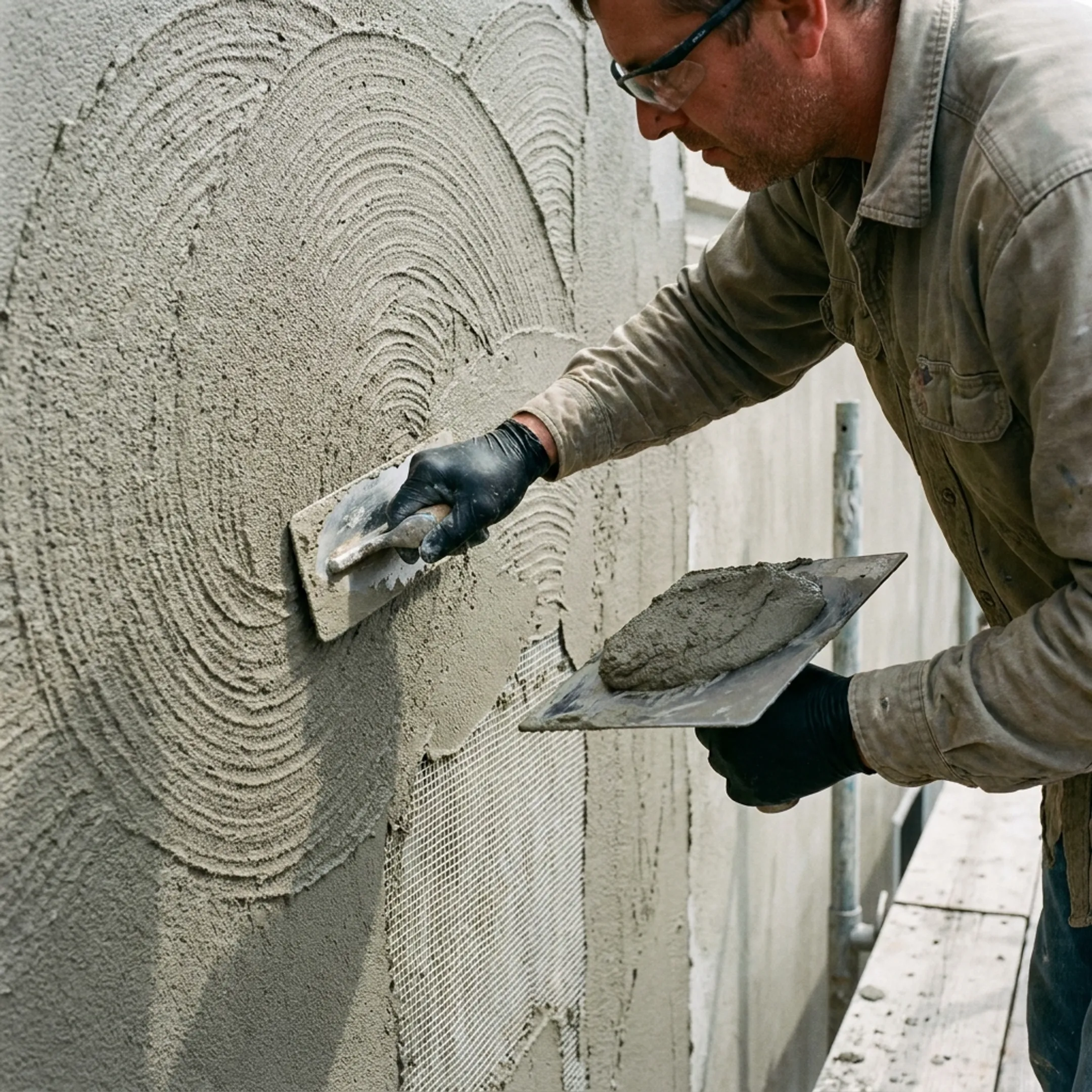 Parex stucco finish being applied to a commercial facade