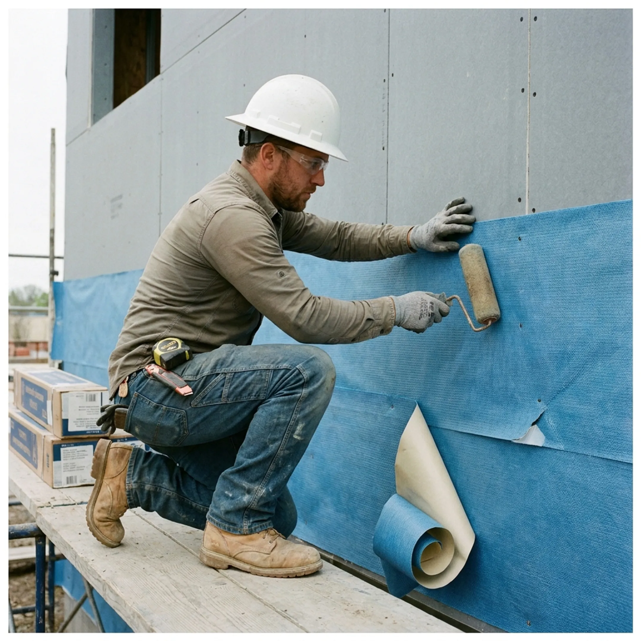 Installer smoothing self-adhered barrier membrane across a commercial wall substrate