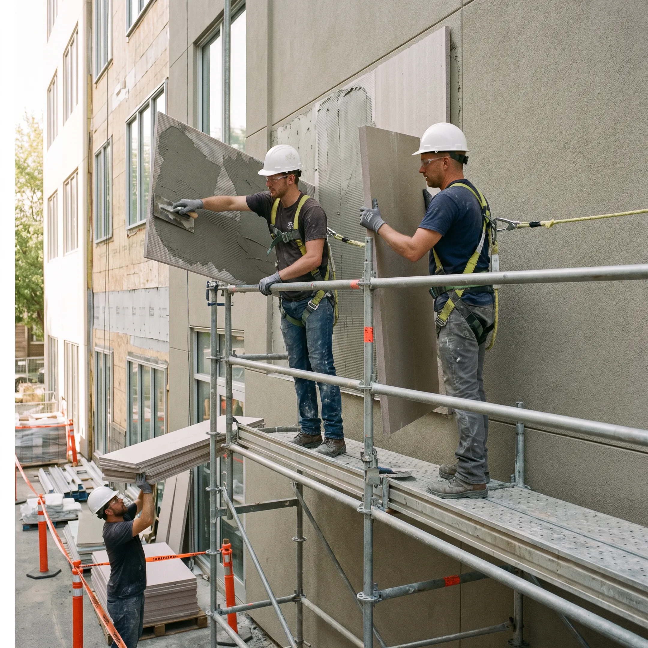 Crew installing Sto exterior wall panels on a commercial project