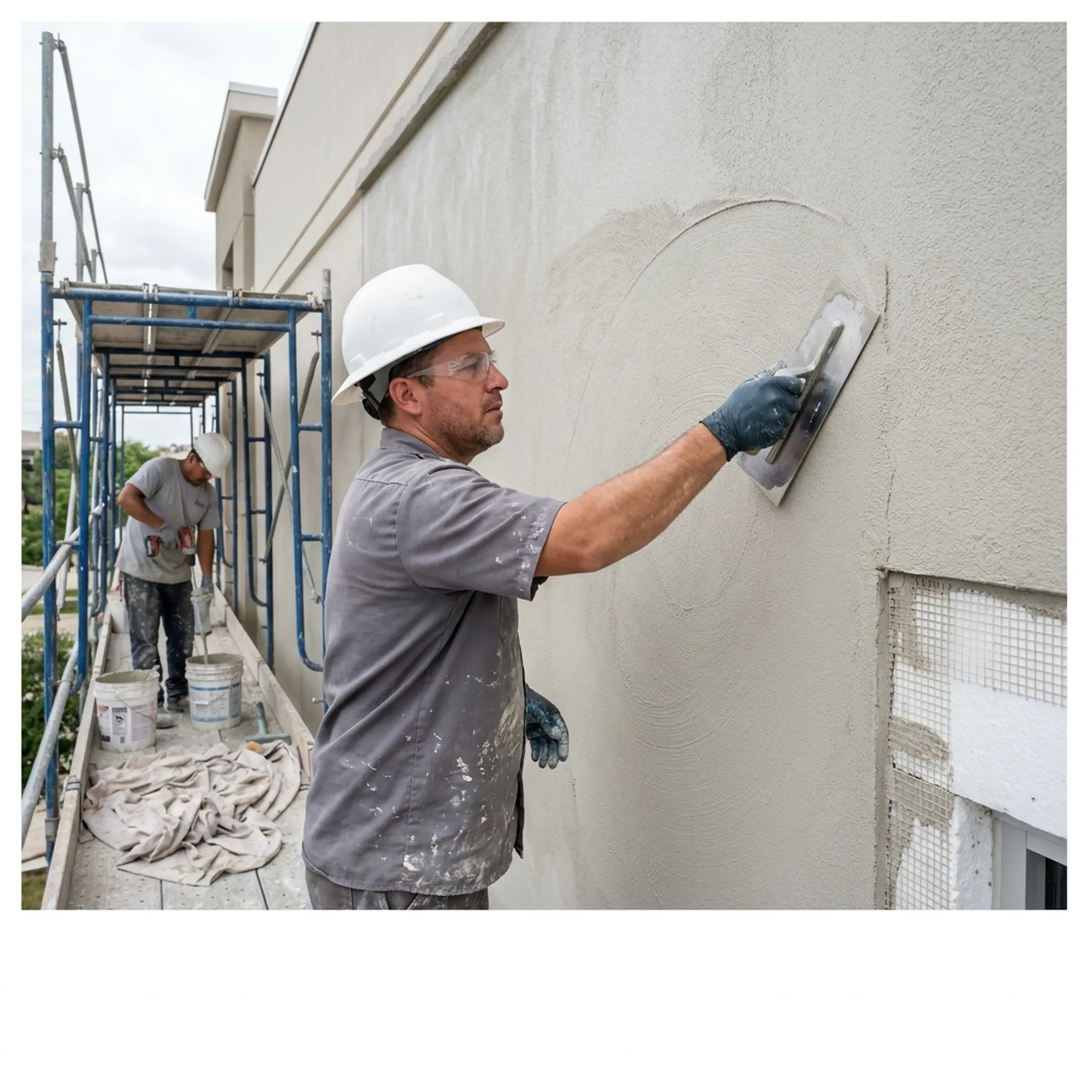 Smooth EIFS finish being installed on a commercial building exterior