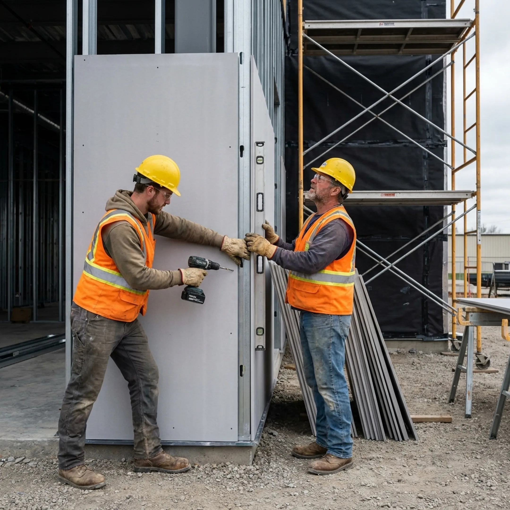 Fiber cement cladding panels being fitted on a building exterior